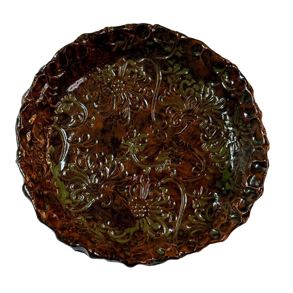 Vintage Studio Pottery Plate Floral Embossed Brown Green Cottagecore